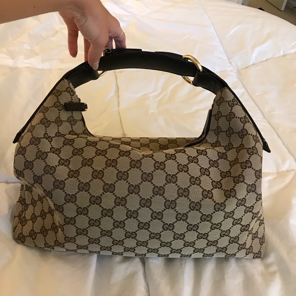 Authentic Gucci Canvas Brown Horsebit Hobo Purse
